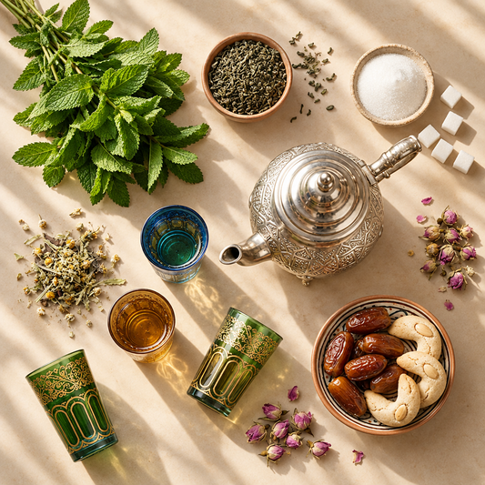 Munt, groene thee en een zilveren theepot voor Marokkaanse muntthee