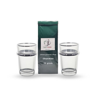 Startpakket groene thee Chunmee 411 met luxe zilveren theeglas