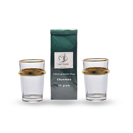 Startpakket groene thee Chunmee 411 met luxe gouden theeglas
