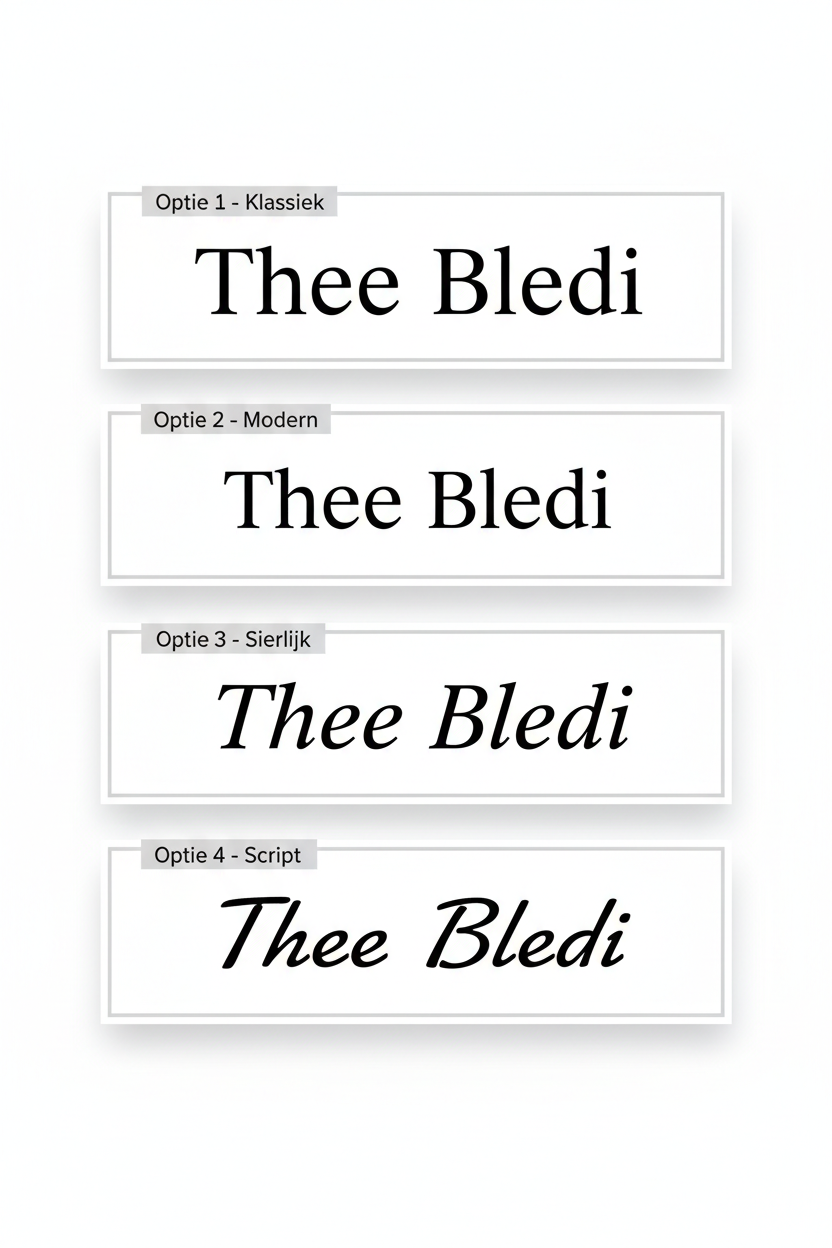 Lettertype opties gravure - Optie 1 Klassiek, Optie 2 Modern, Optie 3 Sierlijk, Optie 4 Script